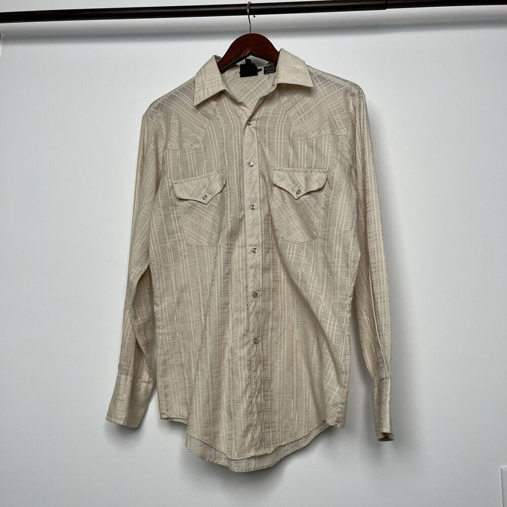 VINTAGE OUTLAW WESTERN WEAR SHIRT PEARL SNAPS METALLIC SILVER STRIPES TAIL 15.5